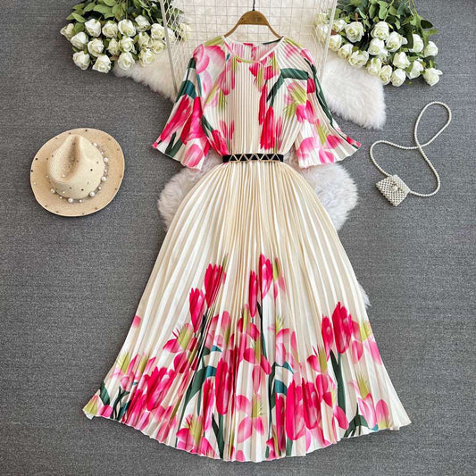 Women's Round Neck Waist Slimming A- Line Pleated Dress - ChoreGirl