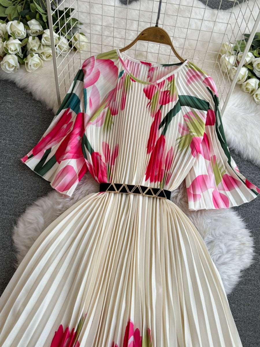 Women's Round Neck Waist Slimming A- Line Pleated Dress - ChoreGirl