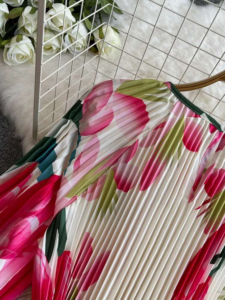 Women's Round Neck Waist Slimming A- Line Pleated Dress - ChoreGirl