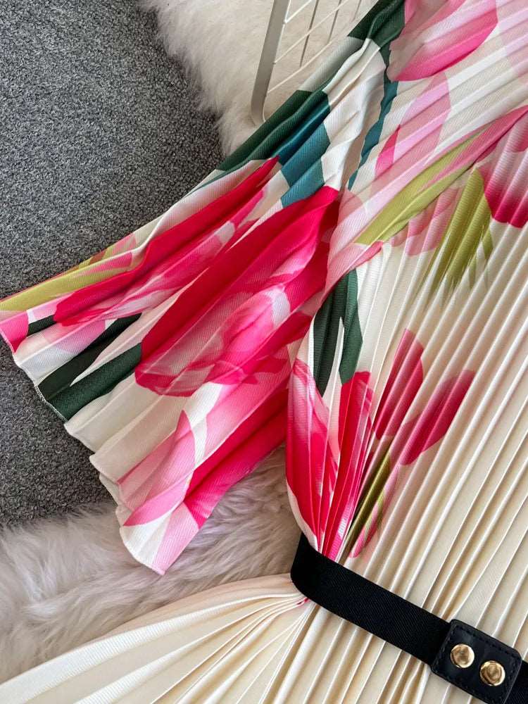 Women's Round Neck Waist Slimming A- Line Pleated Dress - ChoreGirl