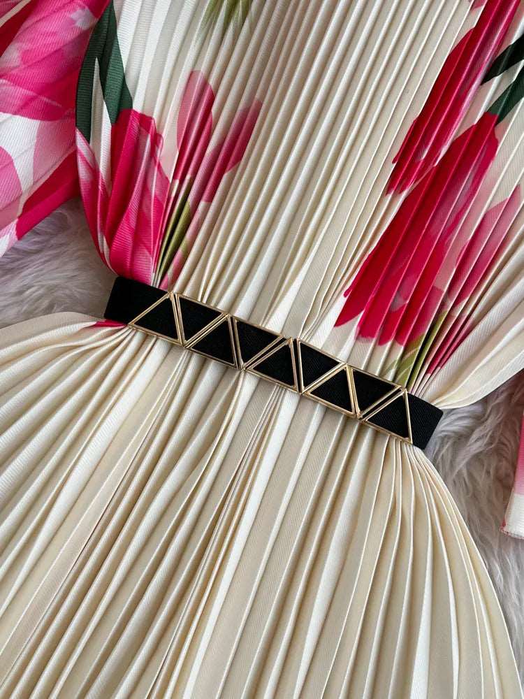 Women's Round Neck Waist Slimming A- Line Pleated Dress - ChoreGirl