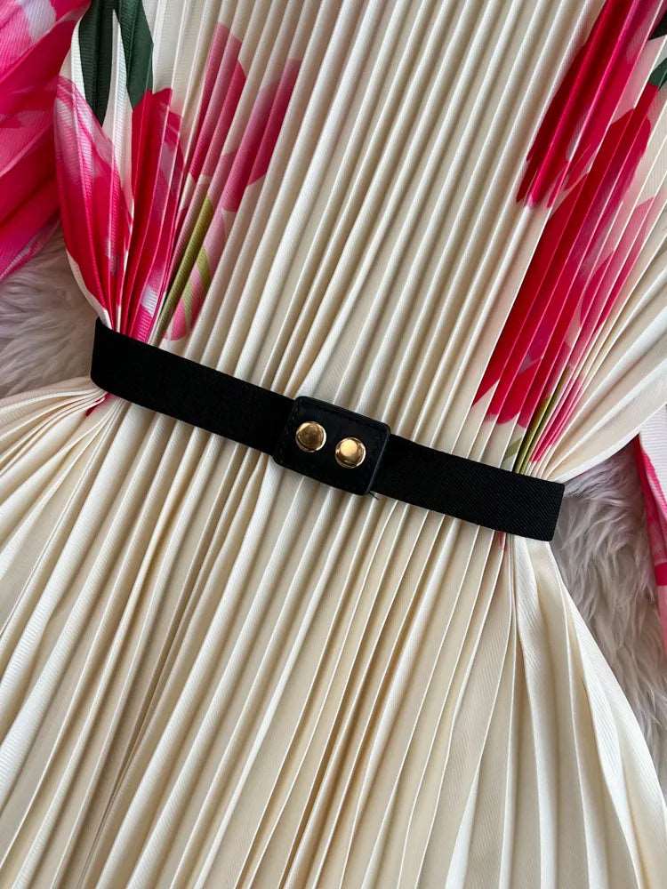 Women's Round Neck Waist Slimming A- Line Pleated Dress - ChoreGirl