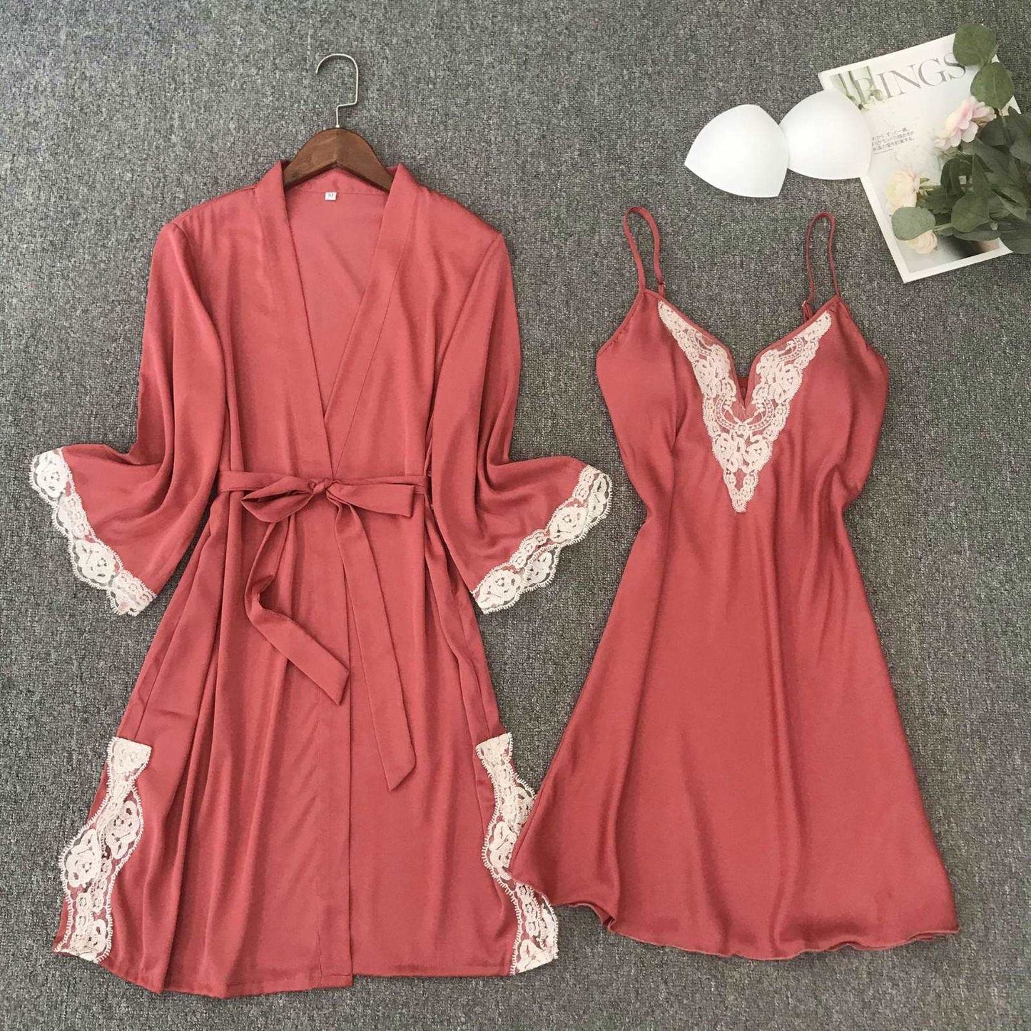 Women's Satin Robe and Nightgown Sleepwear Set - ChoreGirl