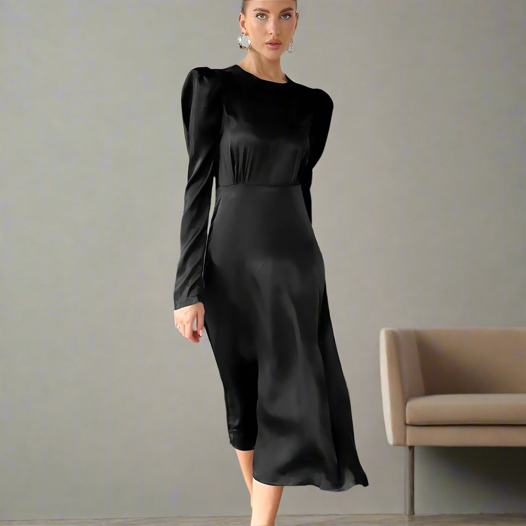 Women's Satin Round Neck Puff Sleeve Event Dress - ChoreGirl