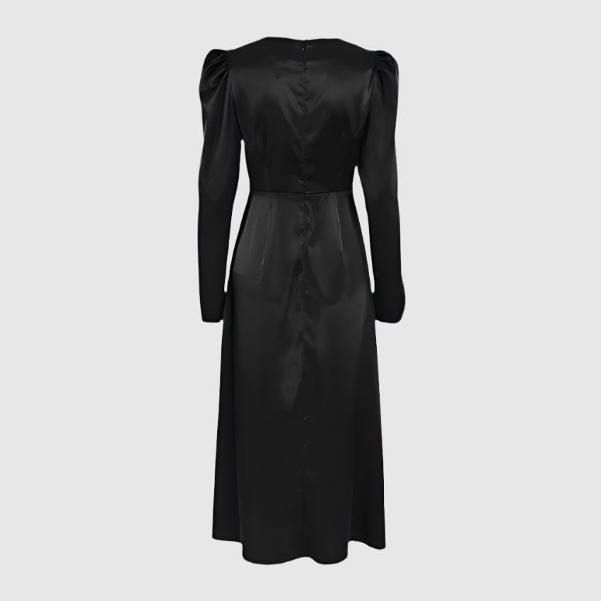 Women's Satin Round Neck Puff Sleeve Event Dress - ChoreGirl