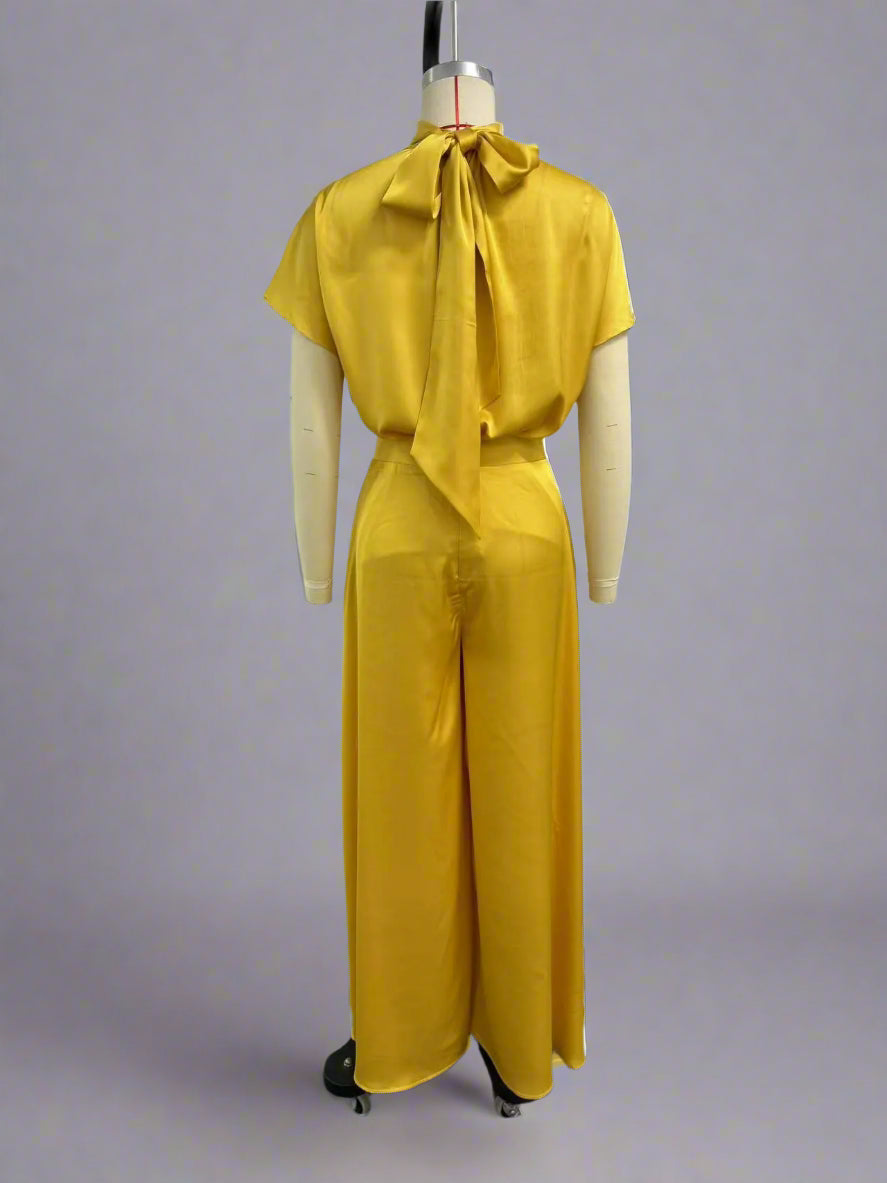 Women's Satin Silky Short Sleeve Top and Wide Leg Pants Two-piece Outfit Set - ChoreGirl