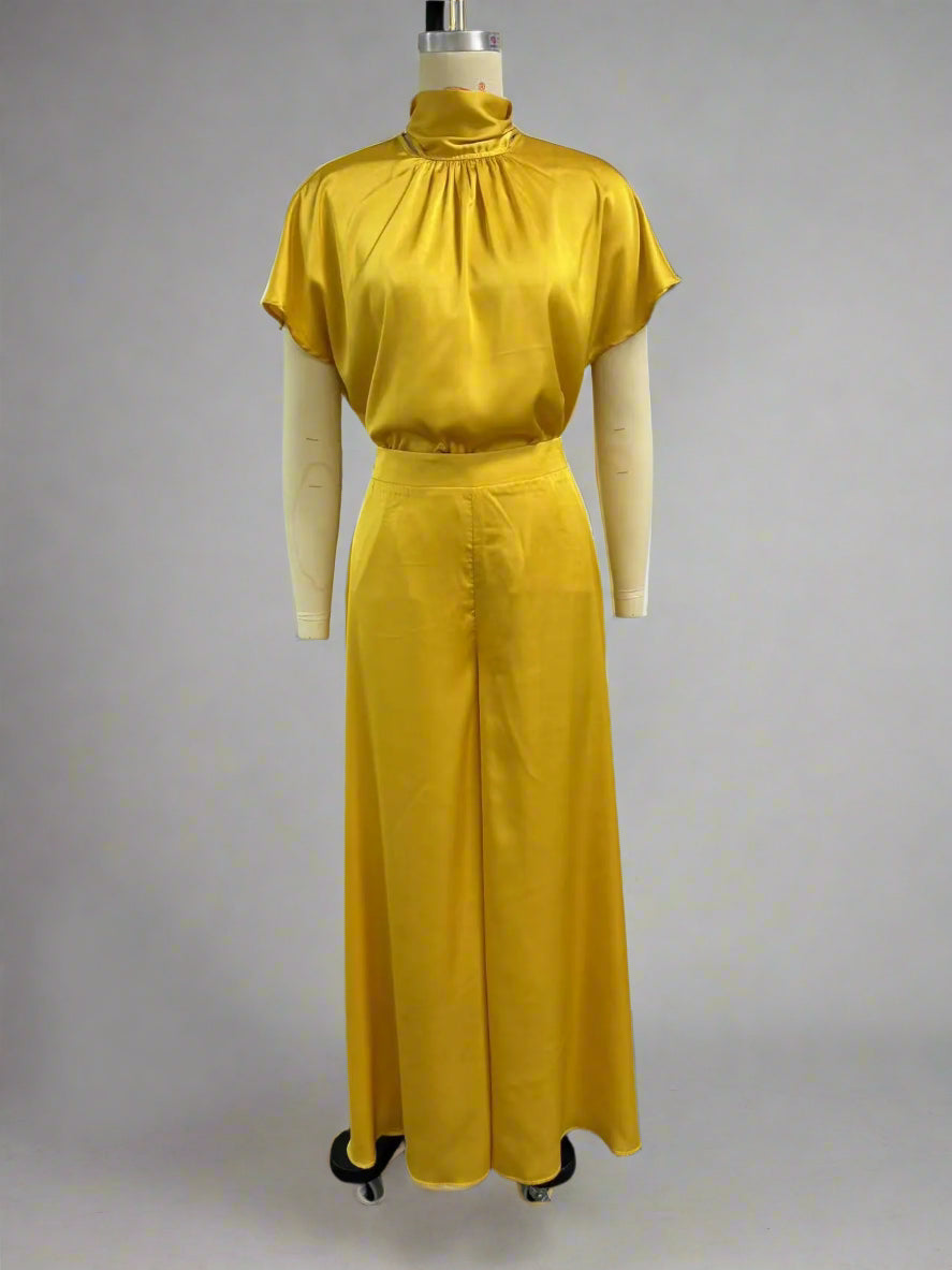 Women's Satin Silky Short Sleeve Top and Wide Leg Pants Two-piece Outfit Set - ChoreGirl