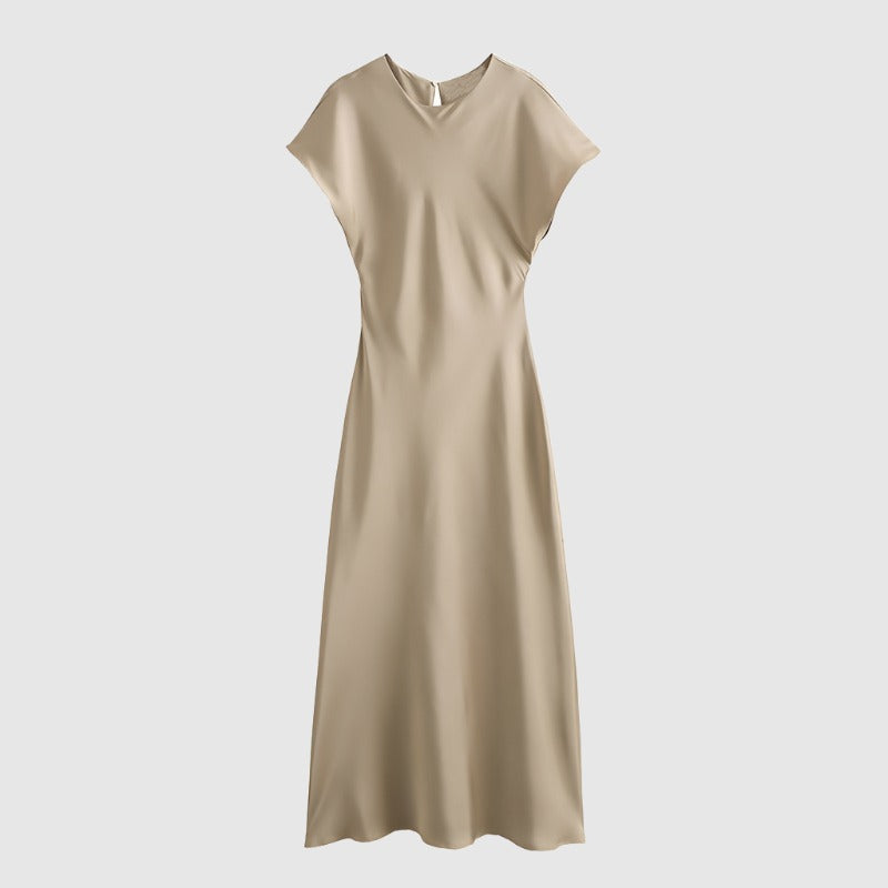 Women's Satin Simple Round Neck Short Sleeve Dress - ChoreGirl