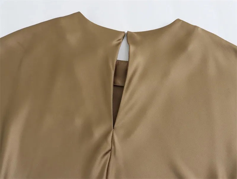 Women's Satin Simple Round Neck Short Sleeve Dress - ChoreGirl