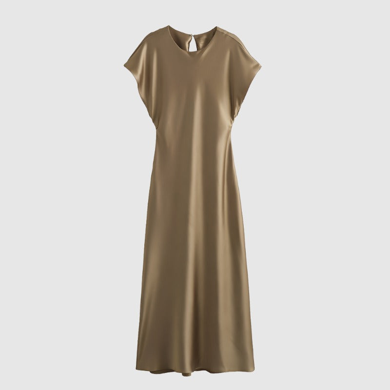 Women's Satin Simple Round Neck Short Sleeve Dress - ChoreGirl