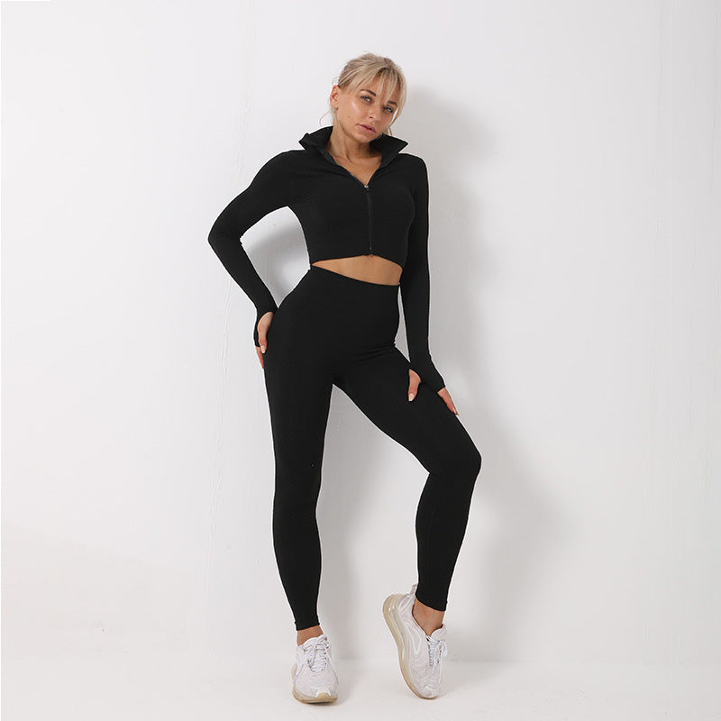 Women's Seamless Gym Leggings, Crop Zip-up Top and Sports Bra Yoga, Fitness, Gym Set - ChoreGirl