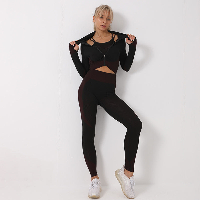 Women's Seamless Gym Leggings, Crop Zip-up Top and Sports Bra Yoga, Fitness, Gym Set - ChoreGirl