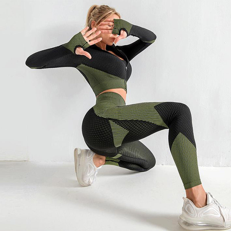 Women's Seamless Gym Leggings, Crop Zip-up Top and Sports Bra Yoga, Fitness, Gym Set - ChoreGirl