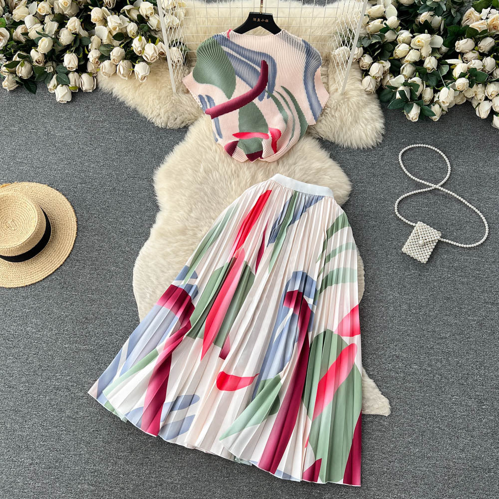 Women's Short-sleeved Top and High Waist Pleated Skirt Two-piece Outfit Set - ChoreGirl