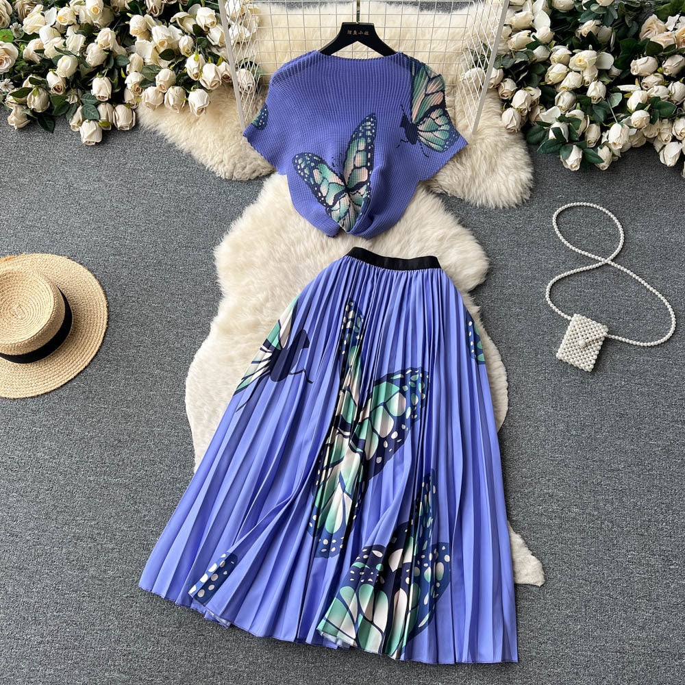Women's Short-sleeved Top and High Waist Pleated Skirt Two-piece Outfit Set - ChoreGirl