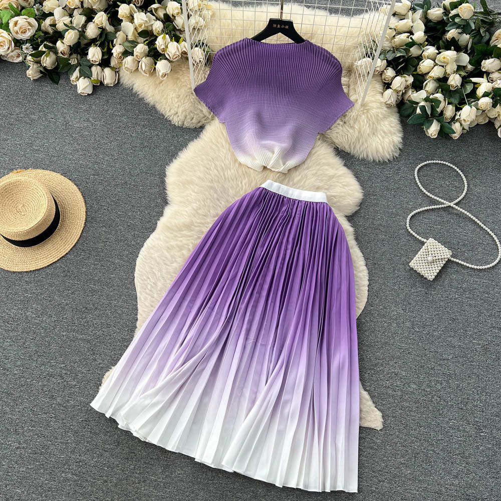 Women's Short-sleeved Top and High Waist Pleated Skirt Two-piece Outfit Set - ChoreGirl