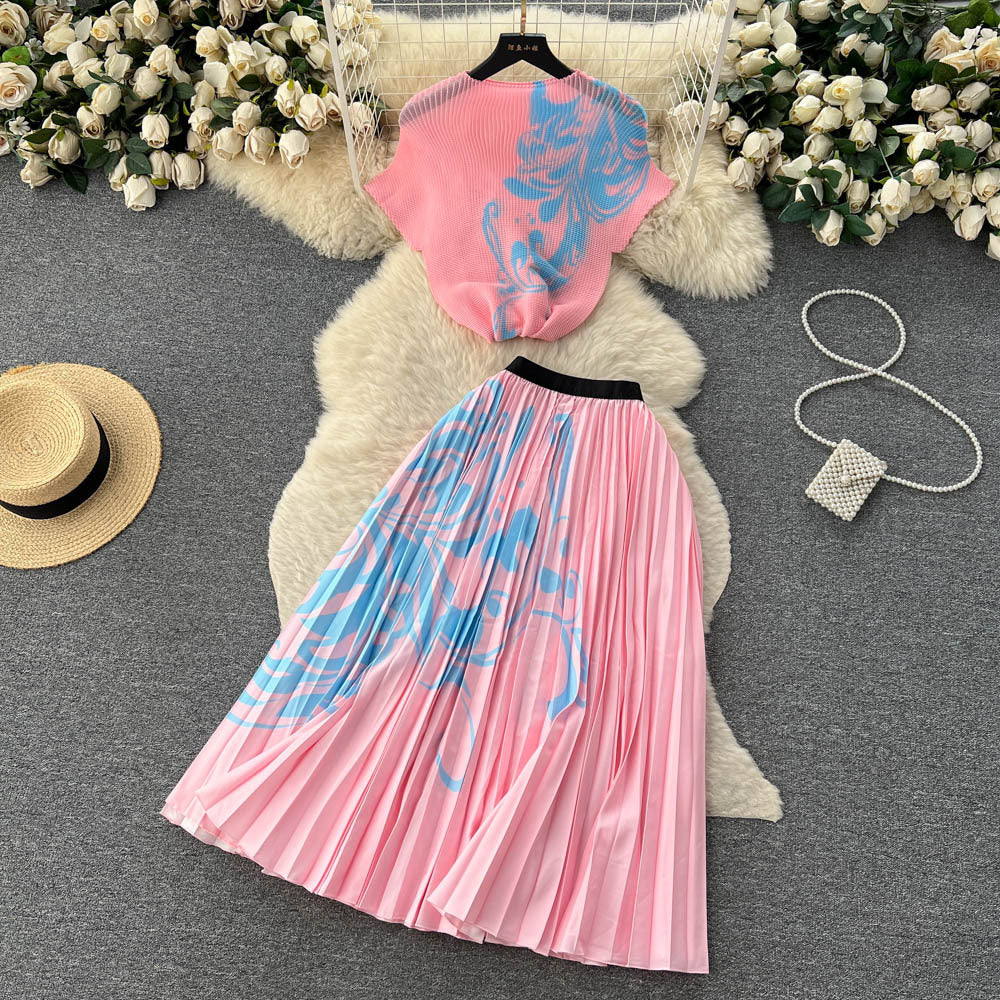 Women's Short-sleeved Top and High Waist Pleated Skirt Two-piece Outfit Set - ChoreGirl