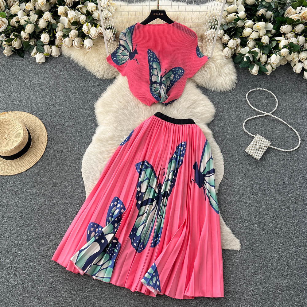 Women's Short-sleeved Top and High Waist Pleated Skirt Two-piece Outfit Set - ChoreGirl