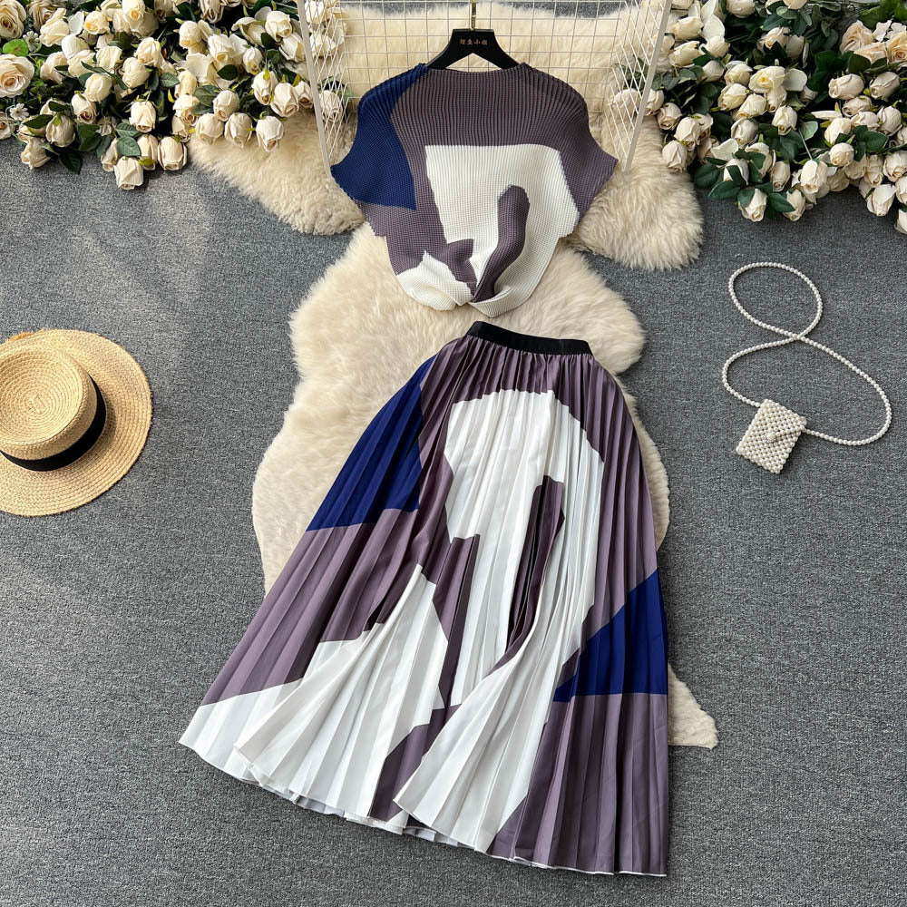 Women's Short-sleeved Top and High Waist Pleated Skirt Two-piece Outfit Set - ChoreGirl