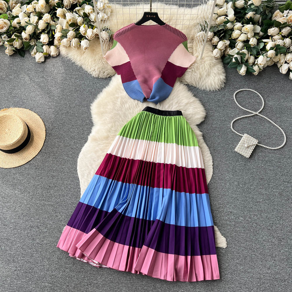 Women's Short-sleeved Top and High Waist Pleated Skirt Two-piece Outfit Set - ChoreGirl