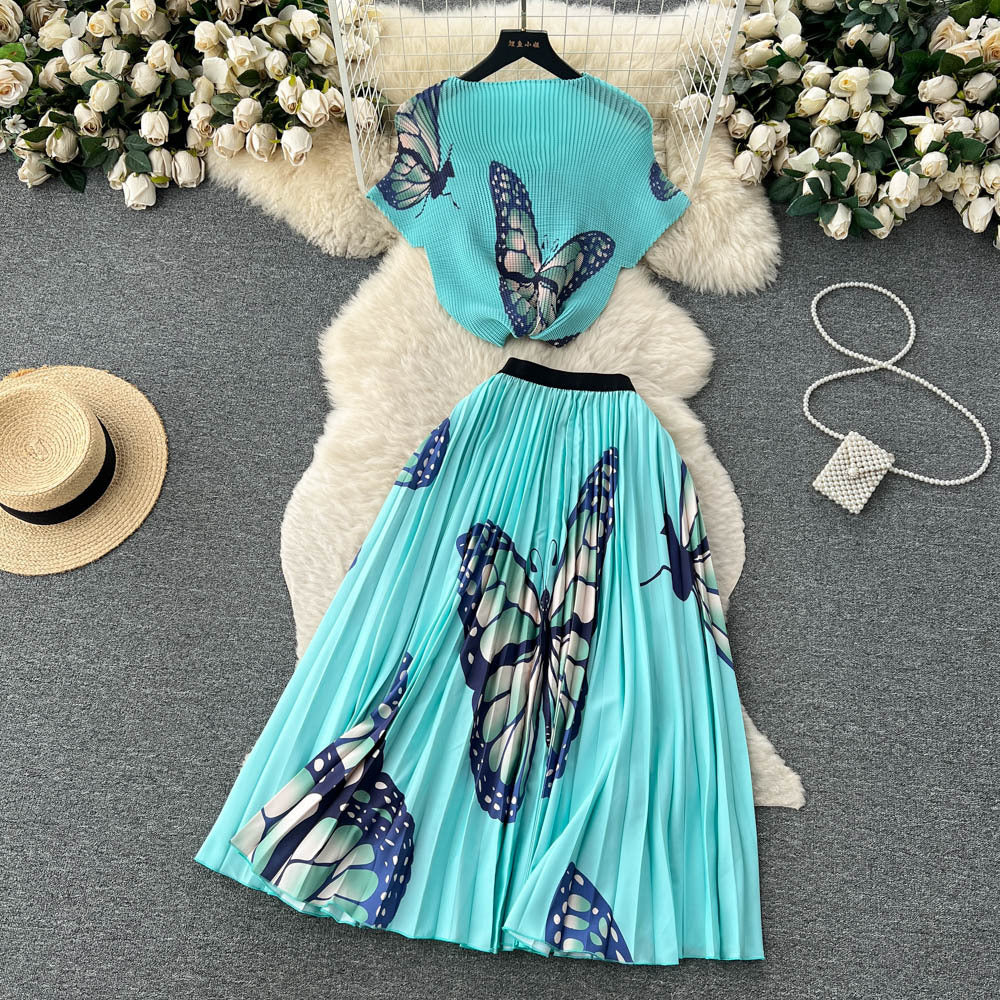 Women's Short-sleeved Top and High Waist Pleated Skirt Two-piece Outfit Set - ChoreGirl