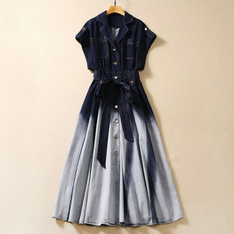 Women's Short Sleeve Gradient Color Fashion Waist-controlled Denim Dress - ChoreGirl