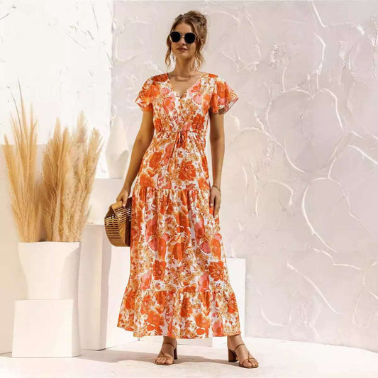 Women's Short Sleeved V-neck Lace-up Flower Button Dress - ChoreGirl