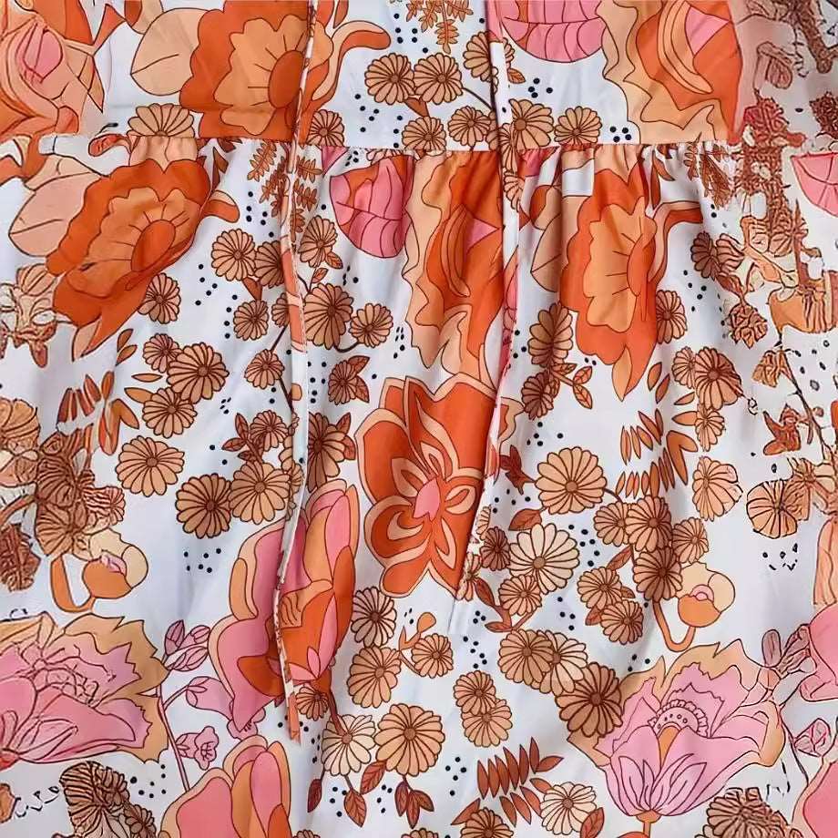 Women's Short Sleeved V-neck Lace-up Flower Button Dress - ChoreGirl