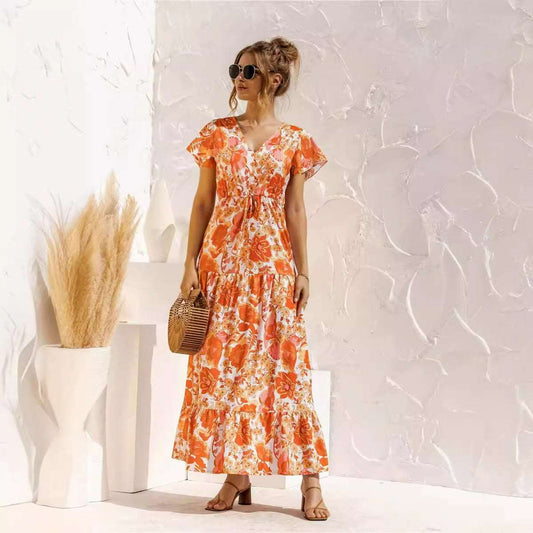 Women's Short Sleeved V-neck Lace-up Flower Button Dress - ChoreGirl