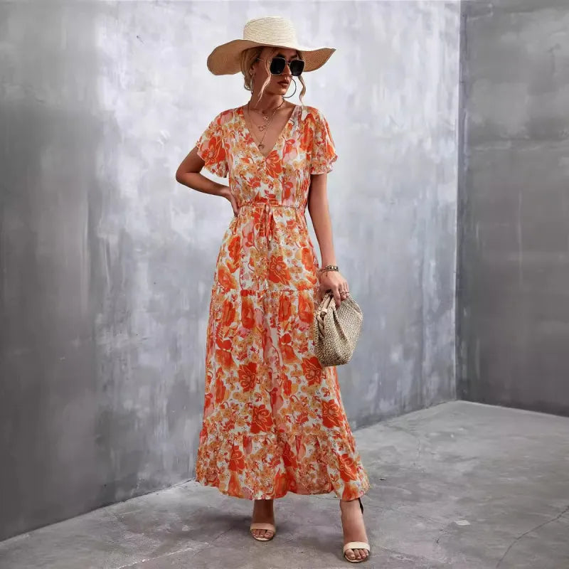 Women's Short Sleeved V-neck Lace-up Flower Button Dress - ChoreGirl