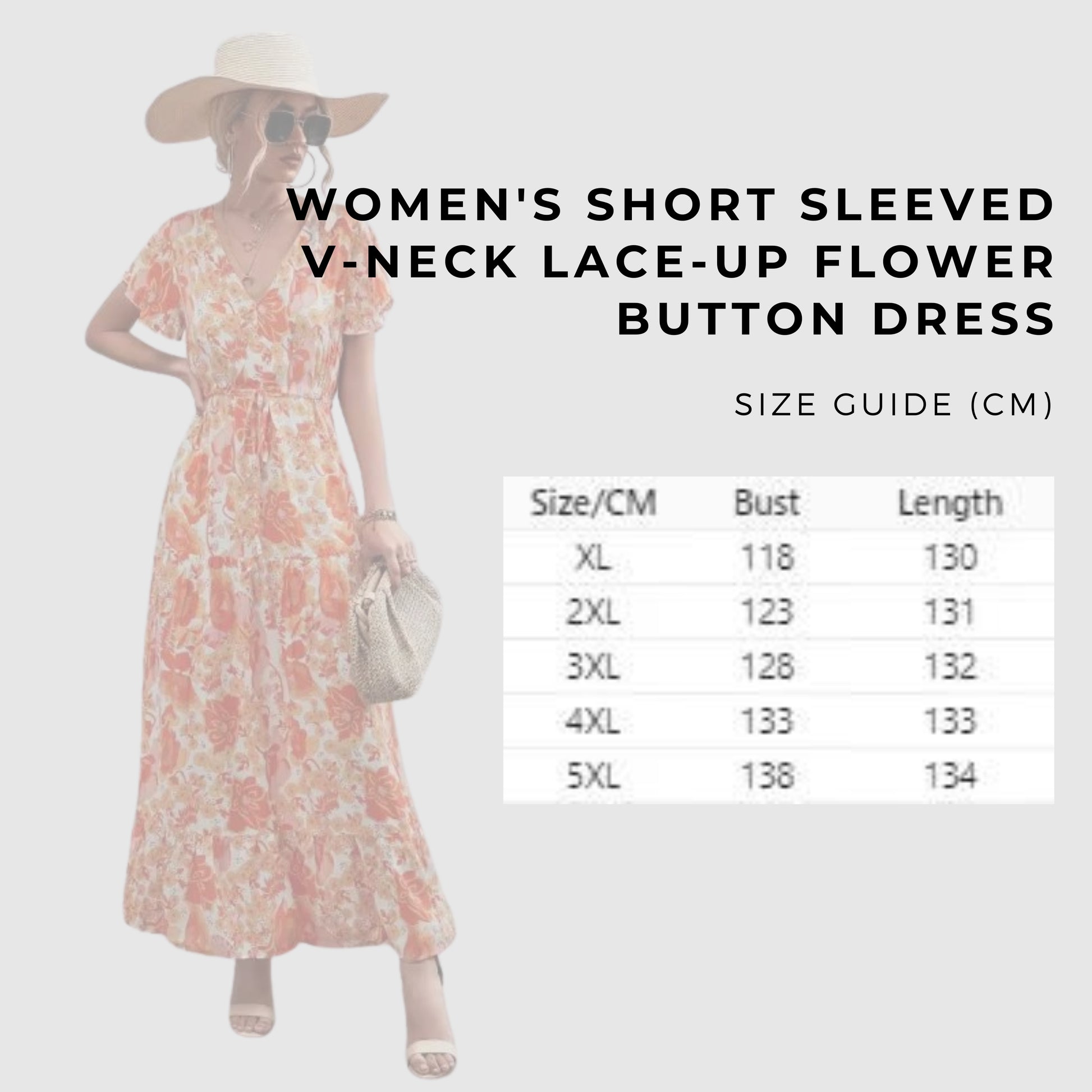 Women's Short Sleeved V-neck Lace-up Flower Button Dress - ChoreGirl