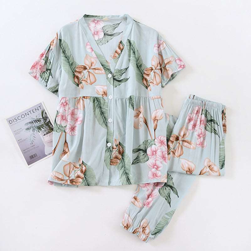 Women's Short Sleeved V-neck Shirt and Pants Thin Pajamas Set - ChoreGirl