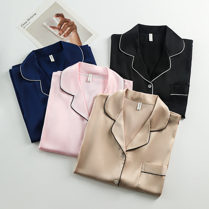 Women's Silk Lapel Collar Long Sleeved Shirt and Pants Pajamas Set - ChoreGirl