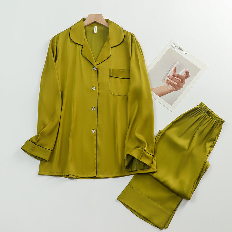 Women's Silk Lapel Collar Long Sleeved Shirt and Pants Pajamas Set - ChoreGirl