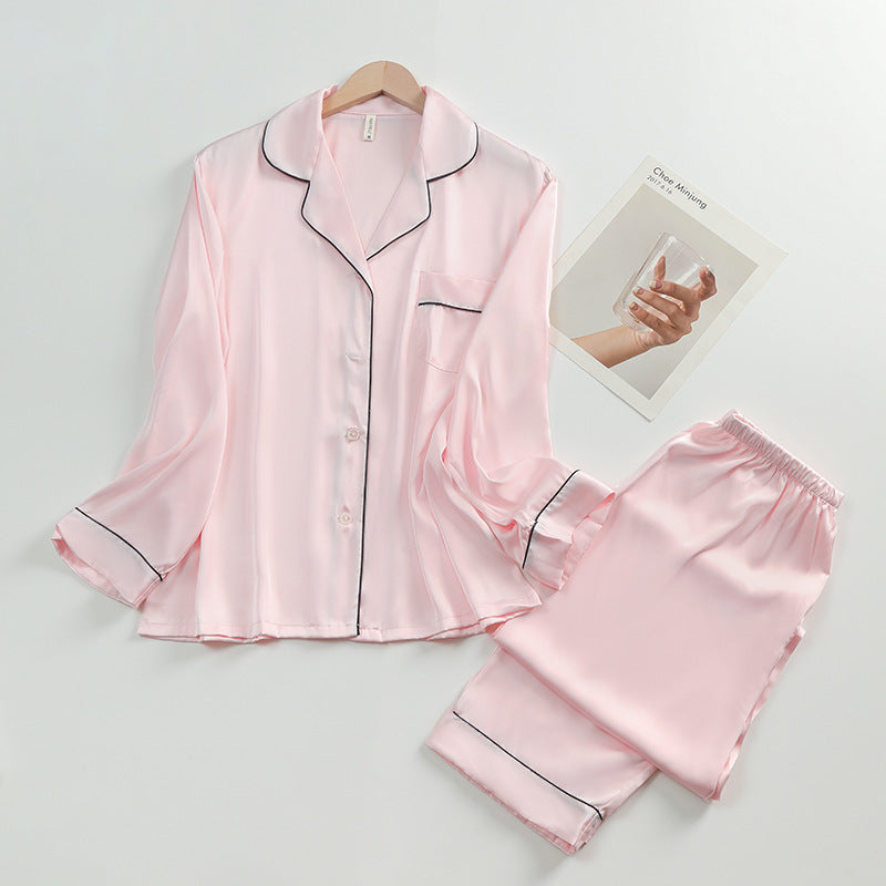 Women's Silk Lapel Collar Long Sleeved Shirt and Pants Pajamas Set - ChoreGirl