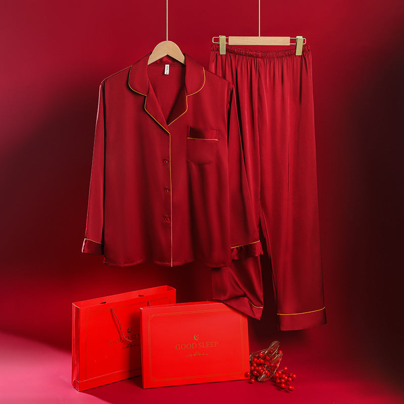 Women's Silk Lapel Collar Long Sleeved Shirt and Pants Pajamas Set - ChoreGirl