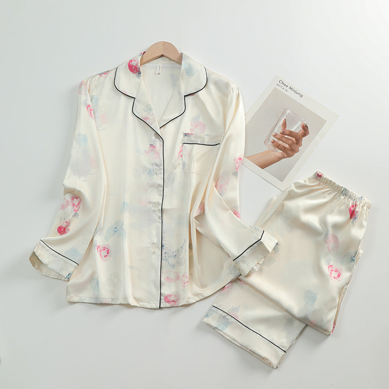Women's Silk Lapel Collar Long Sleeved Shirt and Pants Pajamas Set - ChoreGirl