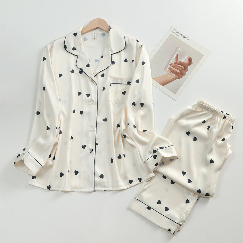 Women's Silk Lapel Collar Long Sleeved Shirt and Pants Pajamas Set - ChoreGirl