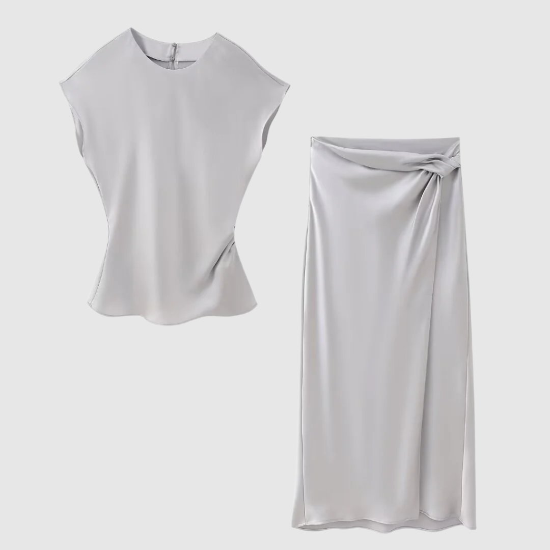 Women's Silk Satin Top and Bow Tie Midi Skirt Outfit Set - ChoreGirl