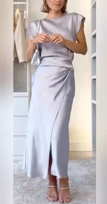 Women's Silk Satin Top and Bow Tie Midi Skirt Outfit Set - ChoreGirl