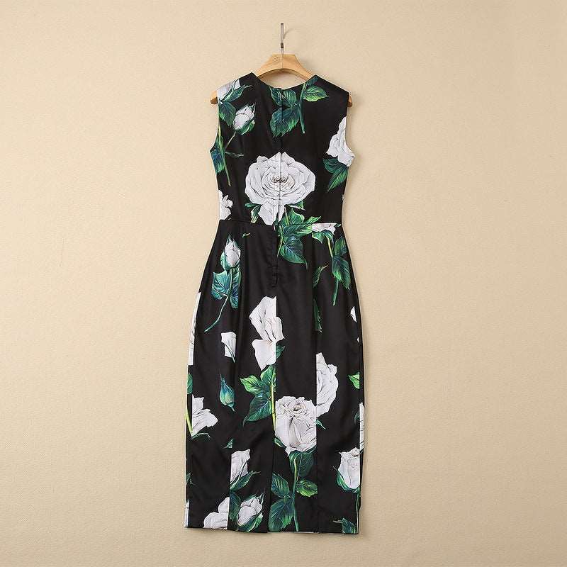 Women's Silkworm Silk Rose Print Sleeveless Slim Dress - ChoreGirl