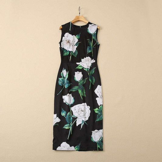 Women's Silkworm Silk Rose Print Sleeveless Slim Dress - ChoreGirl