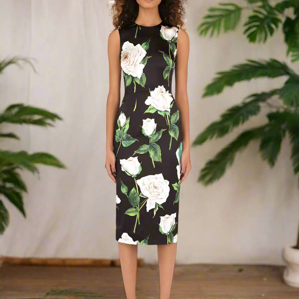 Women's Silkworm Silk Rose Print Sleeveless Slim Dress - ChoreGirl