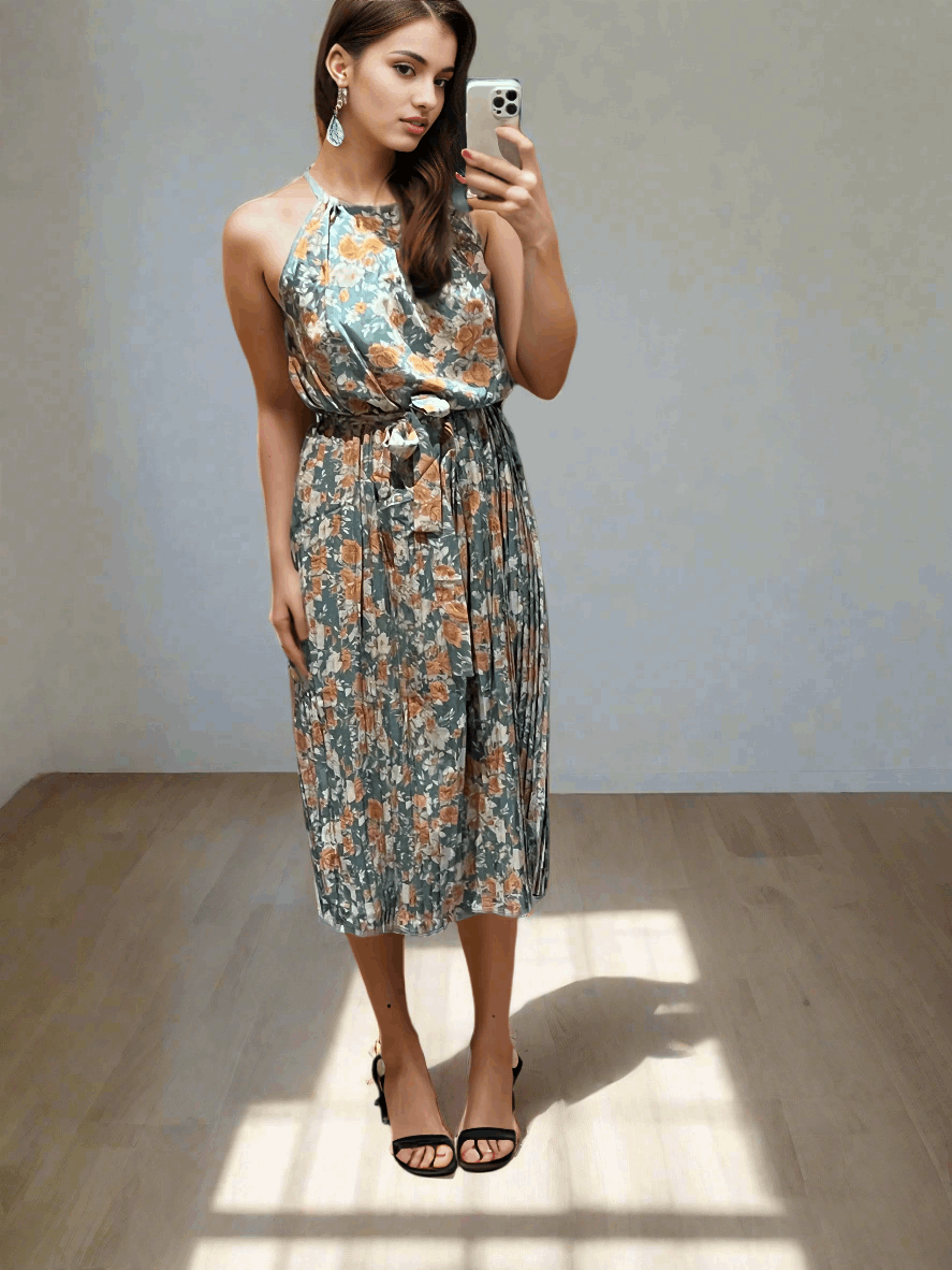 Women's Sleeveless Pleated Skirt Tied High Waist Dress - ChoreGirl