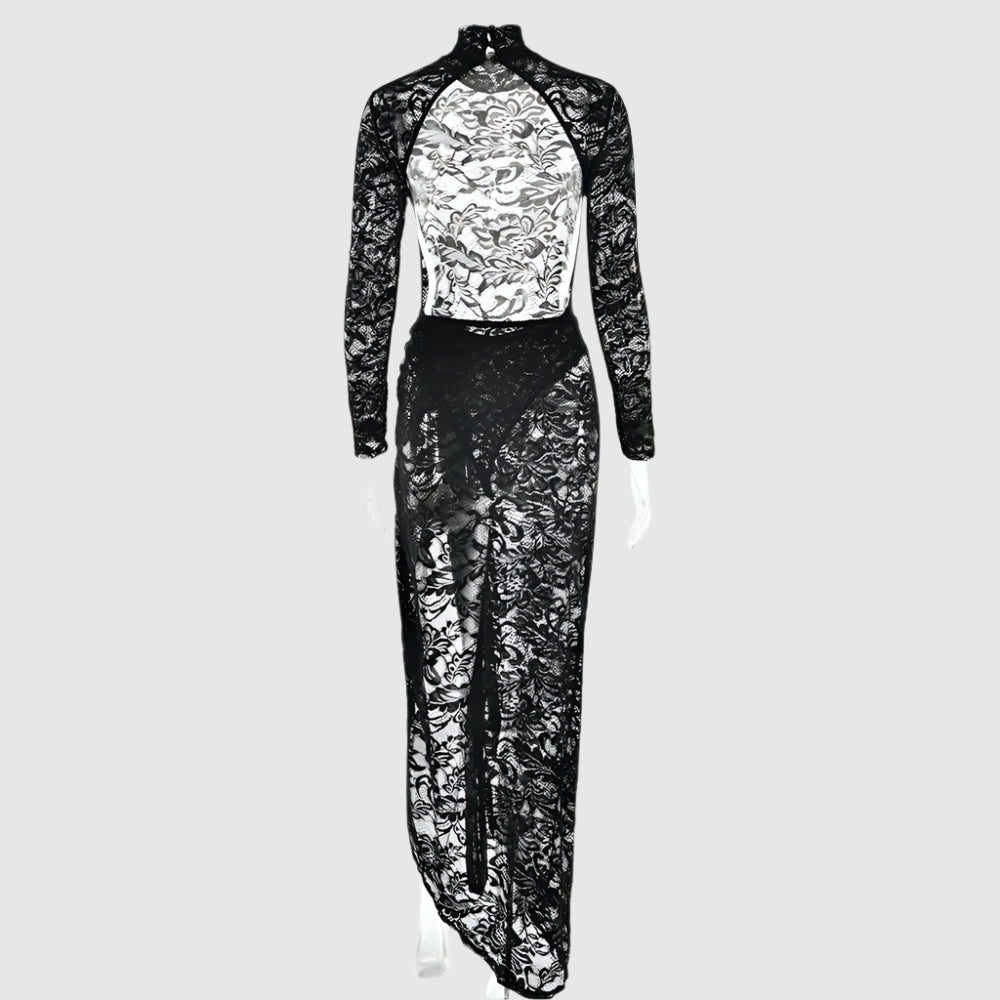 Women's Slim-fit See-through Two-piece Half Turtleneck Evening Gown with Bare Back - ChoreGirl