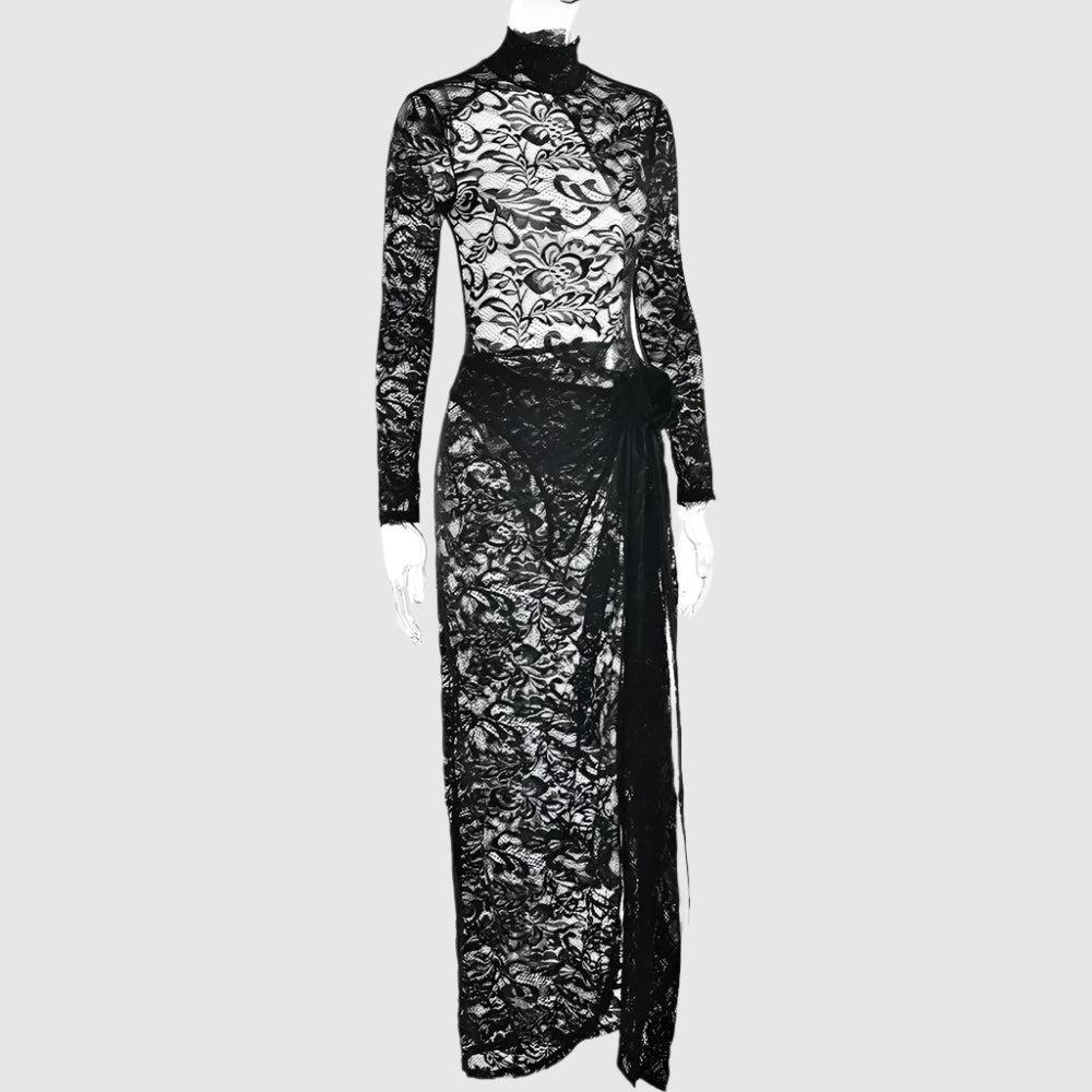 Women's Slim-fit See-through Two-piece Half Turtleneck Evening Gown with Bare Back - ChoreGirl