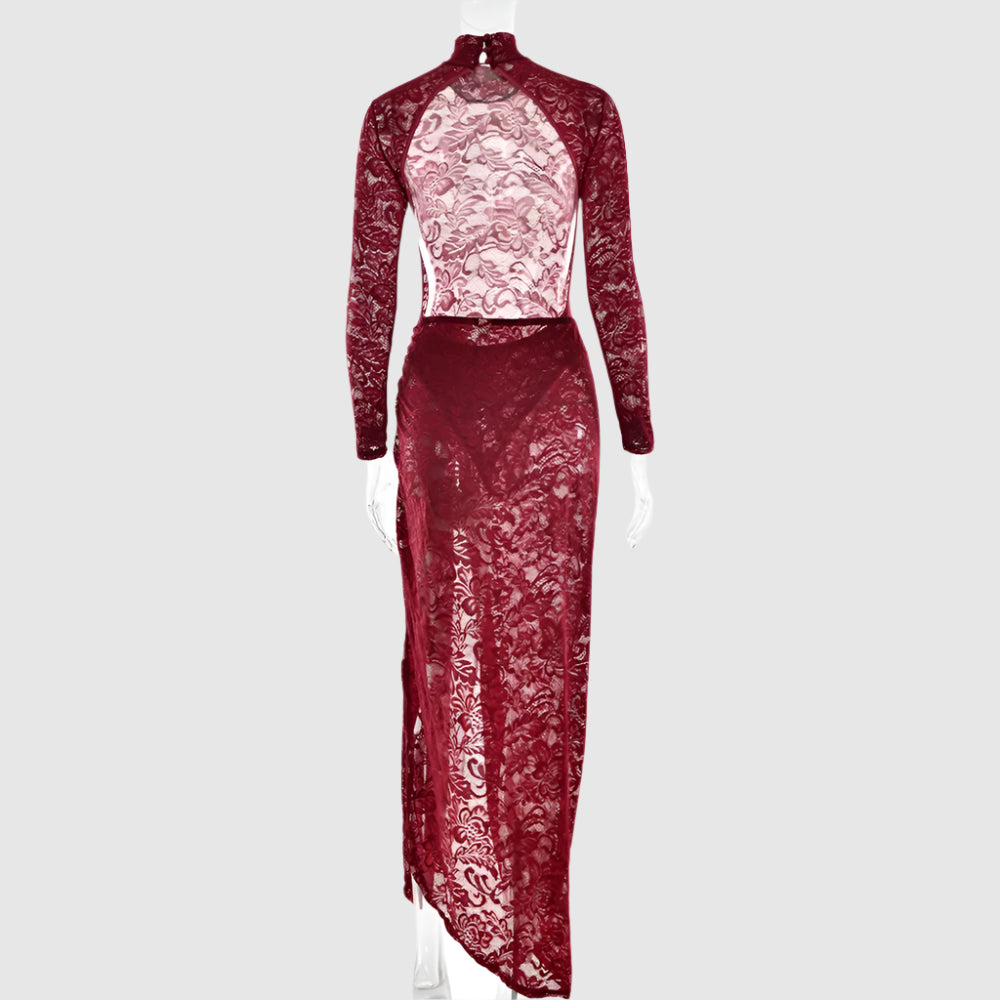 Women's Slim-fit See-through Two-piece Half Turtleneck Evening Gown with Bare Back - ChoreGirl