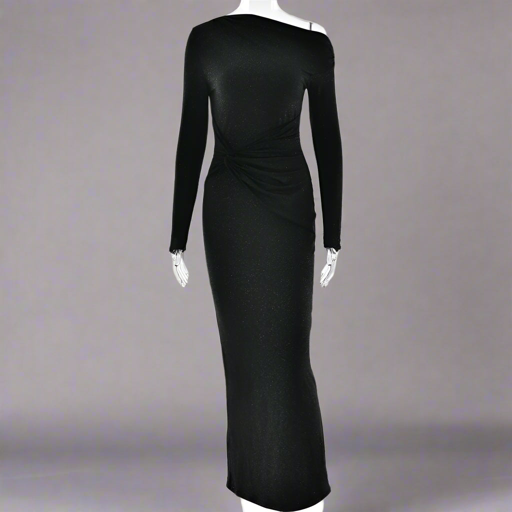 Women's Slim Fit Long Sleeve Oblique Shoulder Pleated Event Gown Dress - ChoreGirl