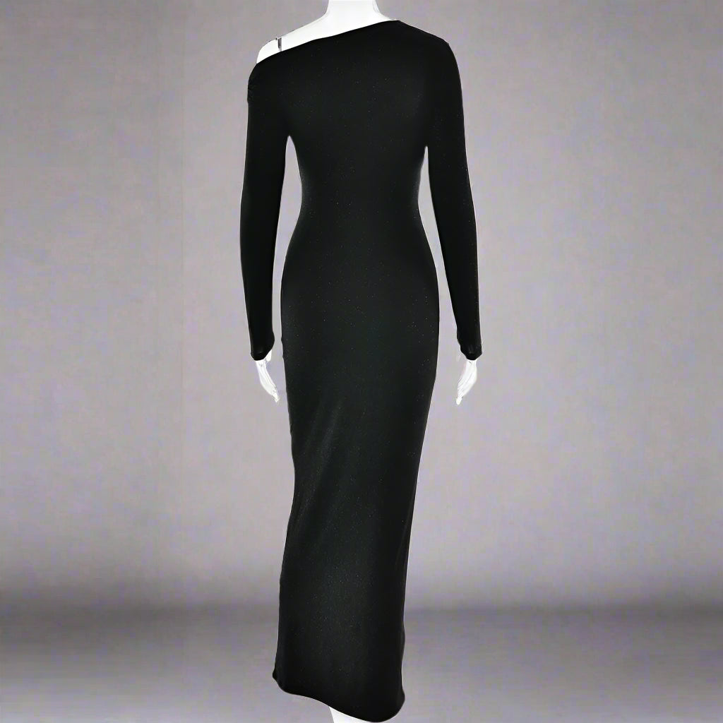 Women's Slim Fit Long Sleeve Oblique Shoulder Pleated Event Gown Dress - ChoreGirl