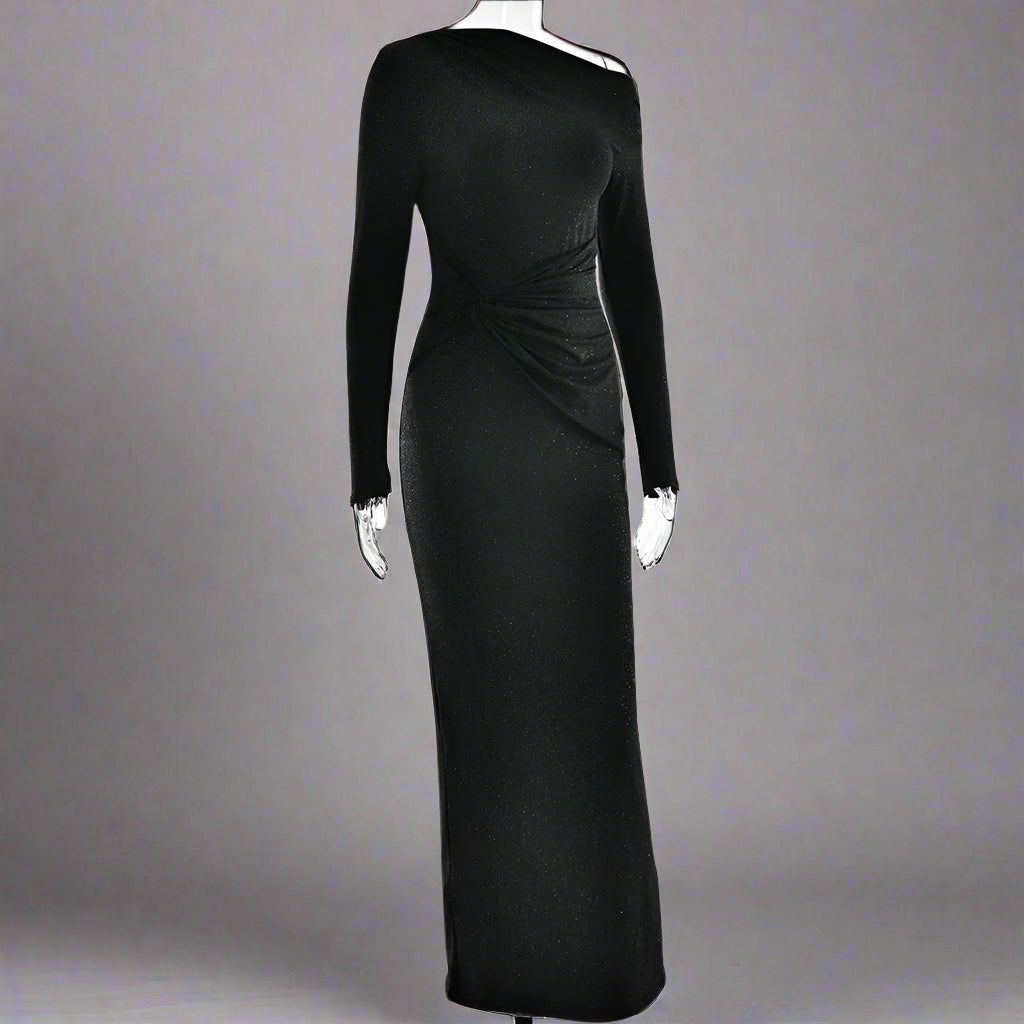 Women's Slim Fit Long Sleeve Oblique Shoulder Pleated Event Gown Dress - ChoreGirl